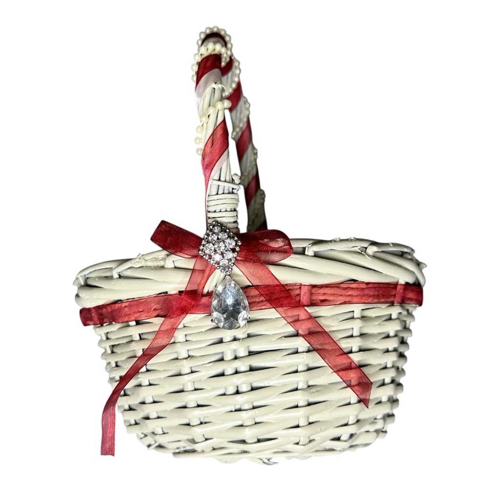 Wedding Flower Girl Basket with Red & White Rose Petals